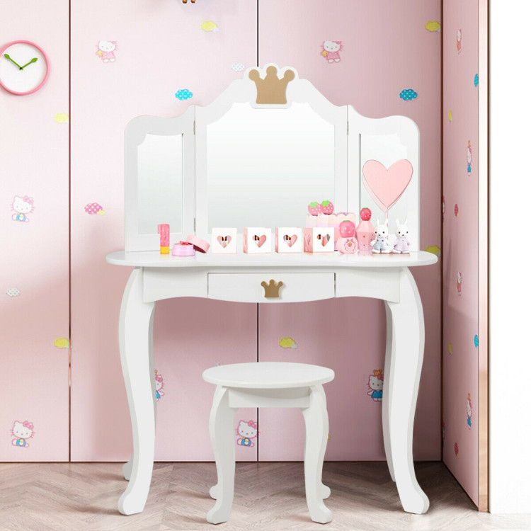 Kids Makeup Dressing Table with Tri-folding Mirror and Stool-WhiteCostway Gallery View 7 of 12