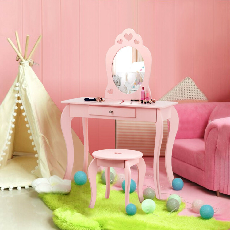 Kids Princess Makeup Dressing Play Table Set with Mirror -PinkCostway Gallery View 1 of 12