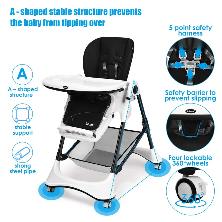 A-Shaped High Chair with 4 Lockable Wheels-BlackCostway Gallery View 9 of 9