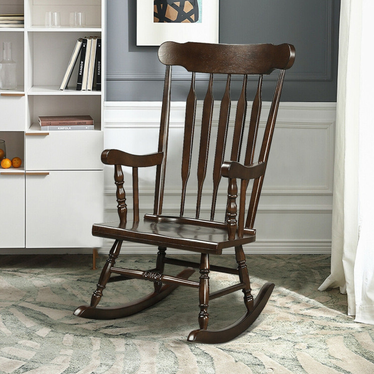 Rocking Chair with Solid Wooden Frame for Garden and Patio-BrownCostway Gallery View 2 of 12