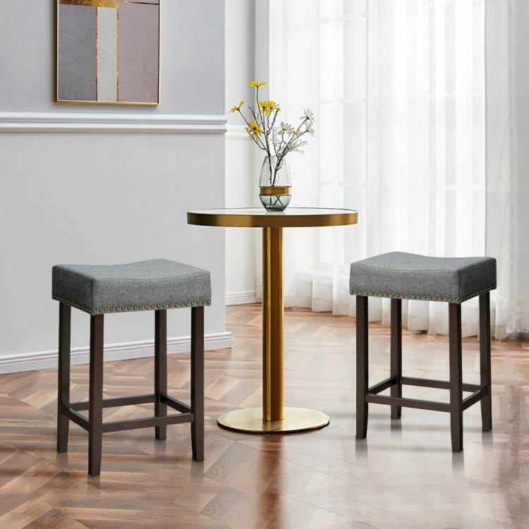 2 Pieces Nailhead Saddle Bar Stools with Fabric Seat and Wood Legs-GrayCostway Gallery View 3 of 12