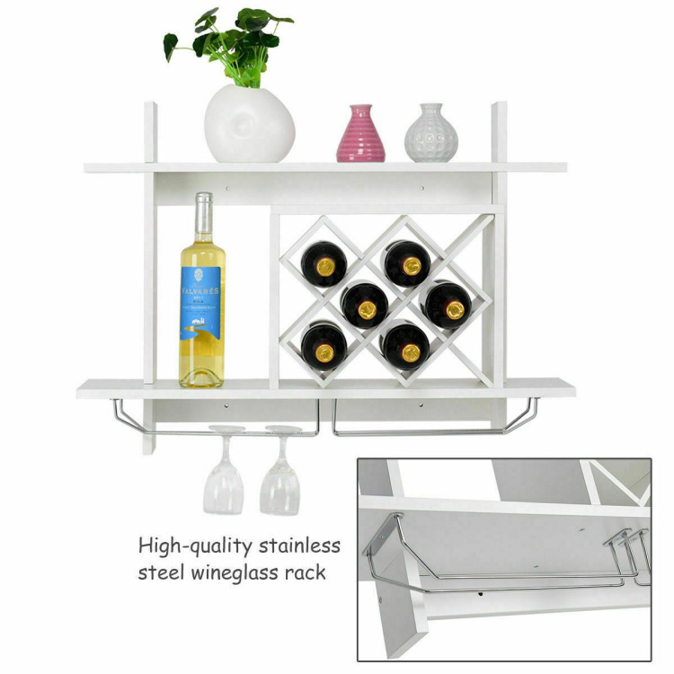 Household Wall Mount Wine Rack Organizer with Glass Holder Storage ShelfCostway Gallery View 8 of 9
