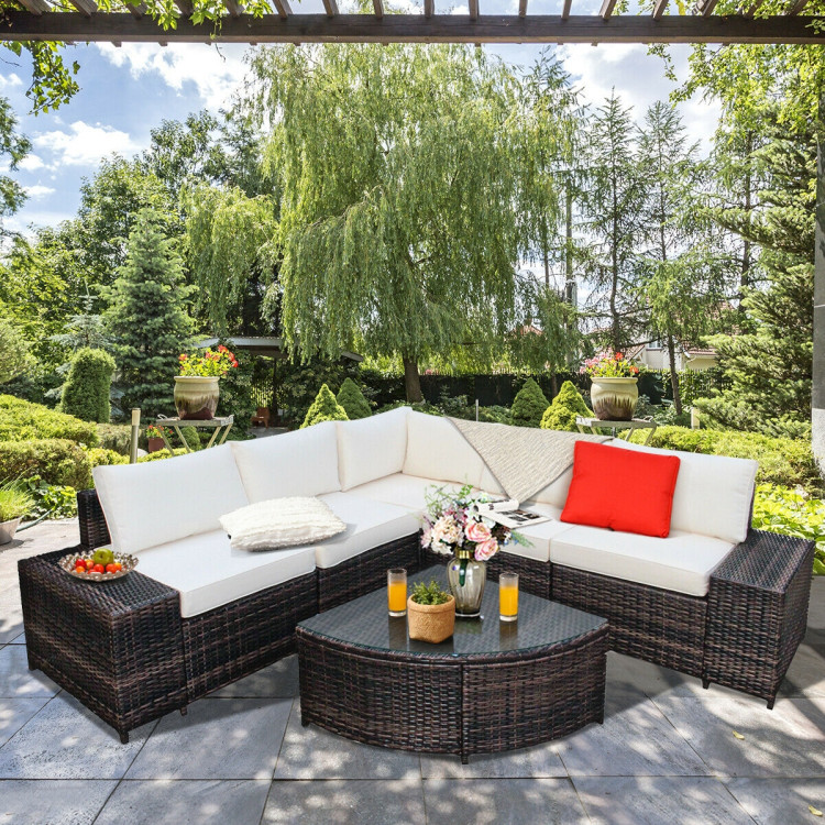 6 Piece Wicker Patio Sectional Sofa Set with Tempered Glass Coffee Table-WhiteCostway Gallery View 7 of 12