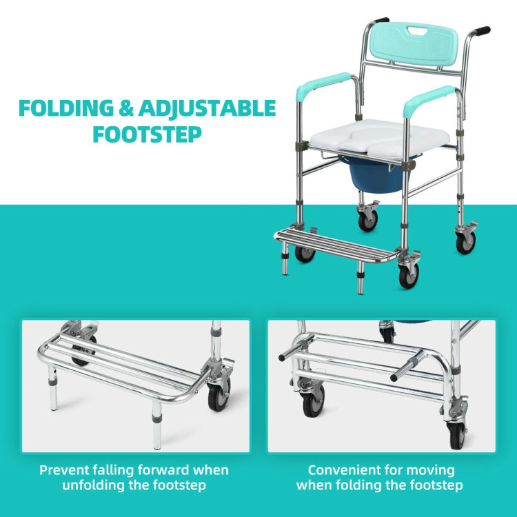 Aluminum Medical Transport Commode Wheelchair Shower Chair-TurquoiseCostway Gallery View 10 of 11