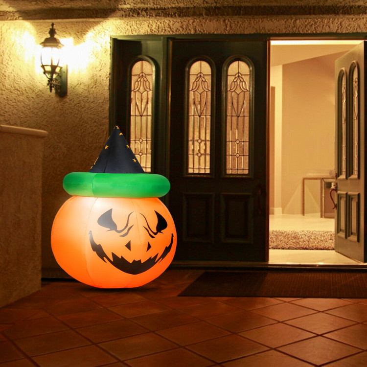4 Feet Halloween Inflatable LED Pumpkin with Witch HatCostway Gallery View 6 of 12
