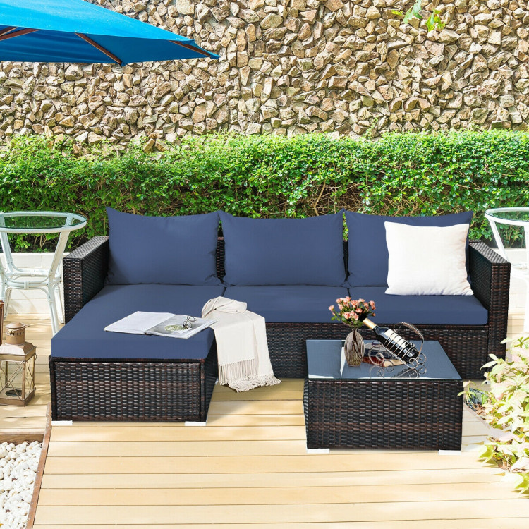 5 Pieces Patio Rattan Sectional Furniture Set with Cushions and Coffee Table -NavyCostway Gallery View 2 of 12