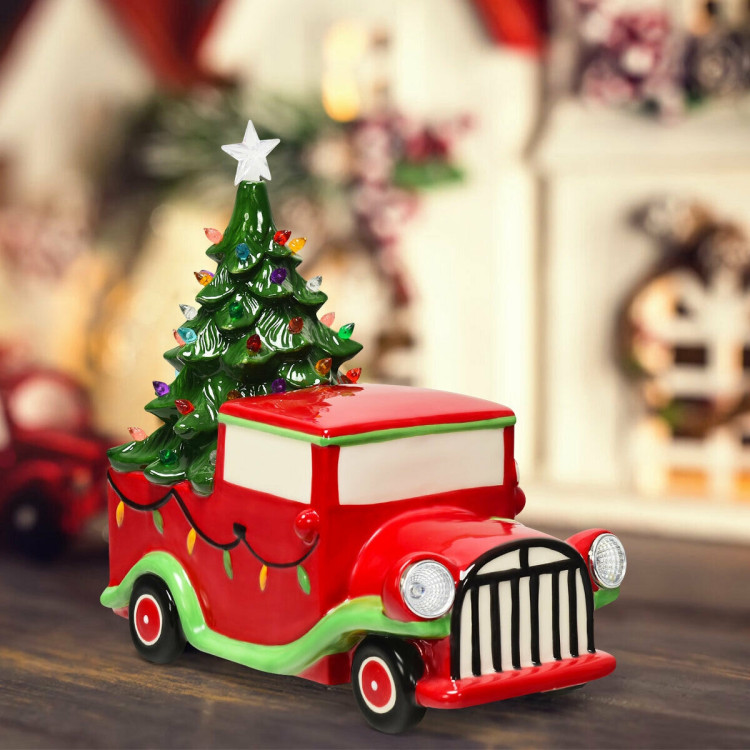 Pre-Lit Vintage Tabletop Ceramic Christmas Tree Truck with BatteryCostway Gallery View 2 of 11