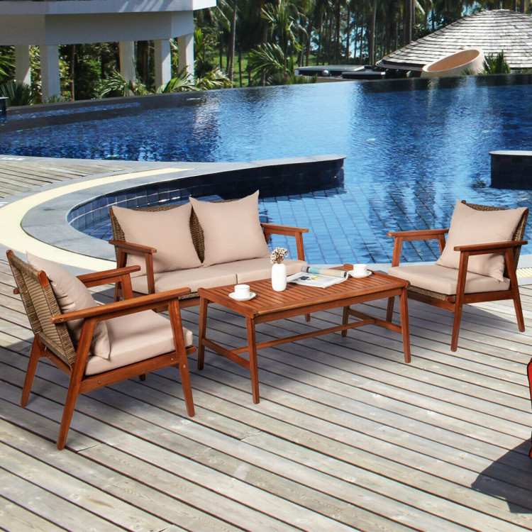 4 Pieces Acacia Wood Patio Rattan Furniture Set with Zippered Cushions - Gallery View 3 of 9