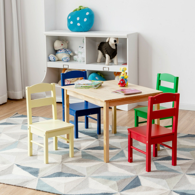 5 pcs Kids Pine Wood Multicolor Table Chair Set Costway Gallery View 6 of 12