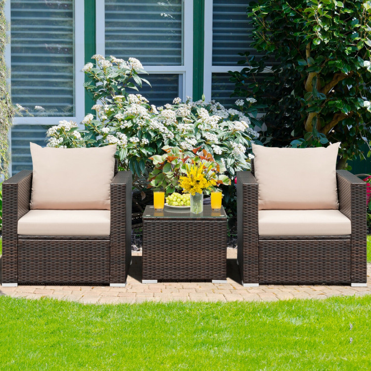 3 Pcs Patio Conversation Rattan Furniture Set with Cushion-BeigeCostway Gallery View 7 of 12