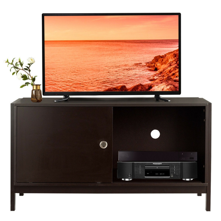 TV Stand Modern Entertainment Cabinet with Sliding Doors-Dark BrownCostway Gallery View 4 of 10