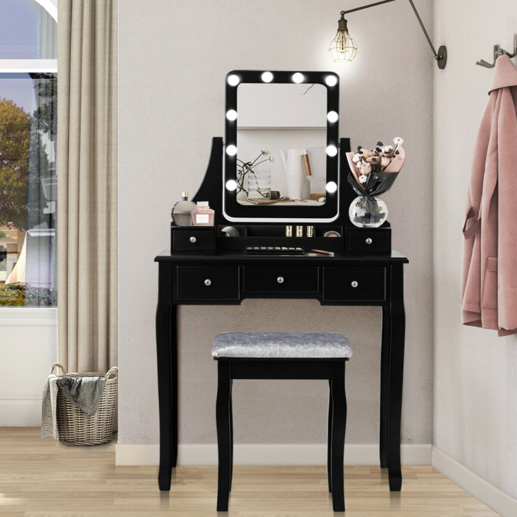 Vanity Dressing Table Set with 10 Dimmable Bulbs and Cushioned Stool-BlackCostway Gallery View 9 of 11