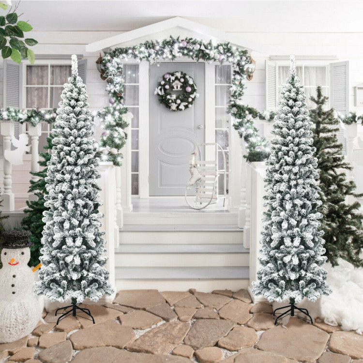 7.5 Feet Unlit Hinged Snow Flocked Artificial Pencil Christmas Tree with 641 TipsCostway Gallery View 7 of 9