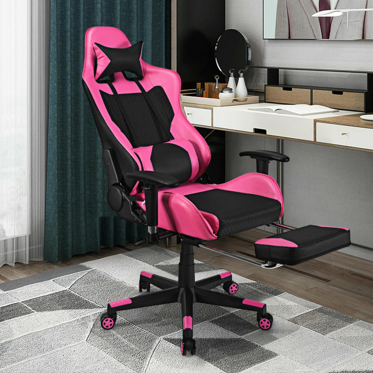 PU Leather Gaming Chair with USB Massage Lumbar Pillow and Footrest -PinkCostway Gallery View 2 of 12