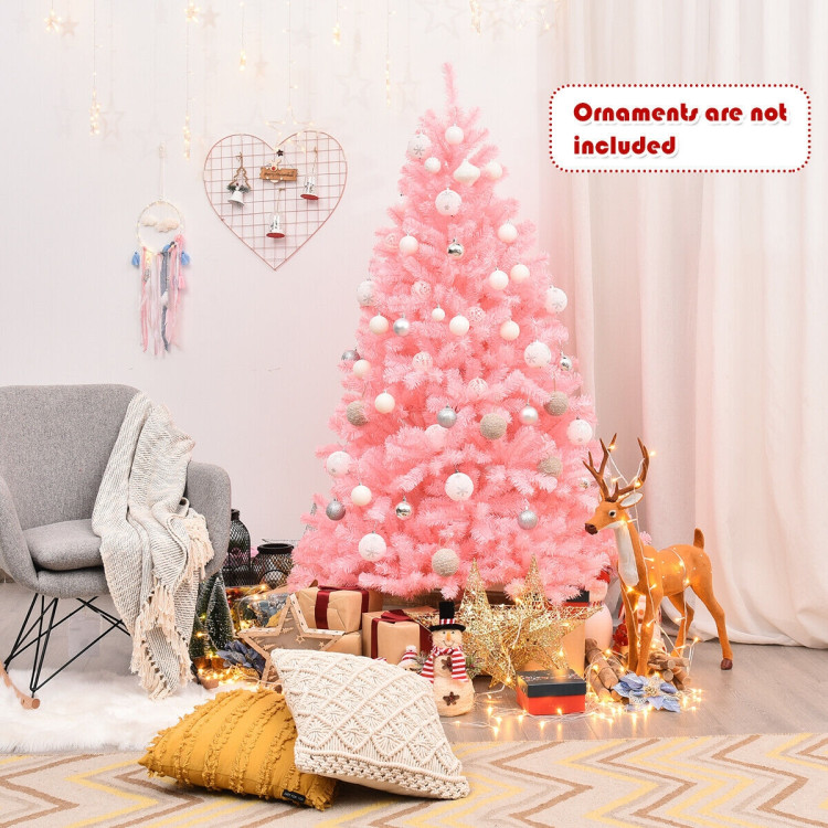 6 Feet Pink Artificial Hinged Spruce Full Christmas Tree with Foldable Metal StandCostway Gallery View 8 of 12