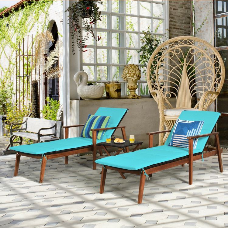 3 Pieces Portable Patio Cushioned Rattan Lounge Chair Set with Folding Table-TurquoiseCostway Gallery View 1 of 12