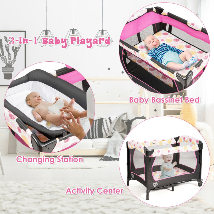 3-in-1 Convertible Portable Baby Playard with Music Box and Wheel and Brakes-PinkCostway Gallery View 7 of 8