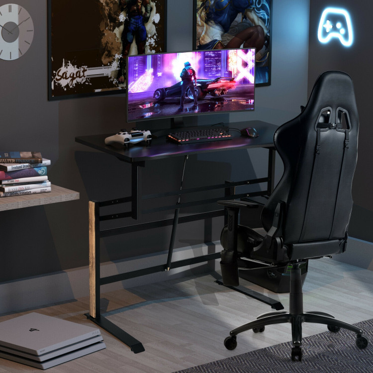 Pneumatic Height Adjustable Gaming Desk T Shaped Game Station with Power Strip Tray-BlackCostway Gallery View 2 of 12