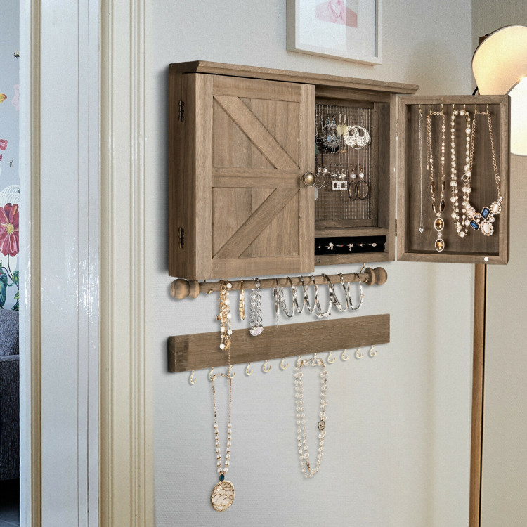 Vintage Wood Wall Mounted Jewelry Organizer with Barn Door-BrownCostway Gallery View 7 of 11
