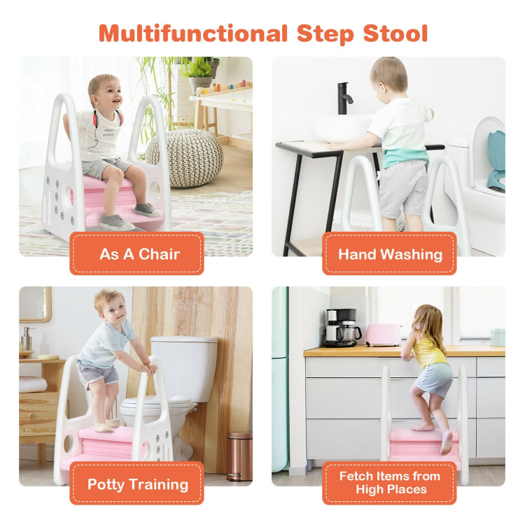 Kids Step Stool Learning Helper with Armrest for Kitchen Toilet Potty Training-PinkCostway Gallery View 12 of 13