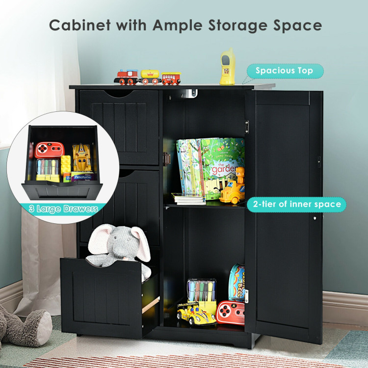 Bathroom Floor Cabinet Side Storage Cabinet with 3 Drawers and 1 Cupboard-BlackCostway Gallery View 10 of 12