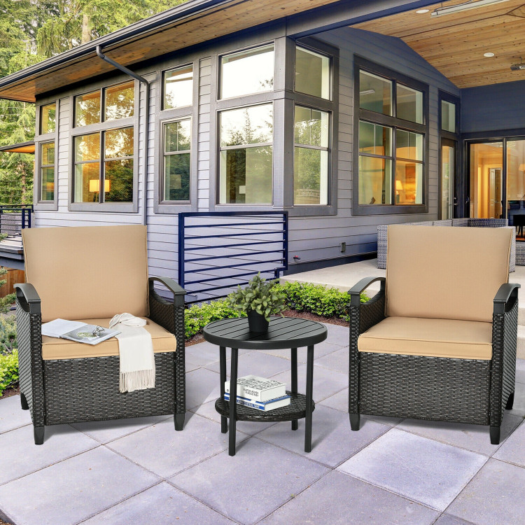 3 Pieces Patio Rattan Furniture Set Cushioned Sofa Storage Table with Shelf GardenCostway Gallery View 3 of 12