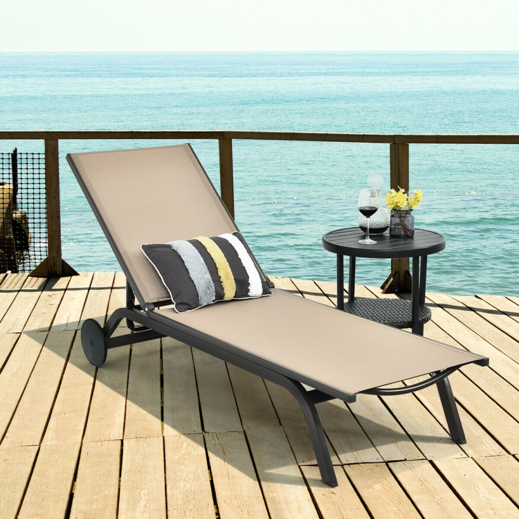 Aluminum Fabric Outdoor Patio Lounge Chair with Adjustable Reclining -BrownCostway Gallery View 2 of 11