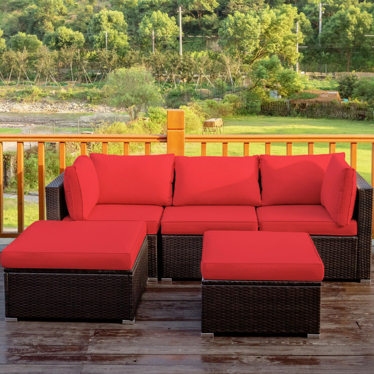 5 Pieces Patio Rattan Sofa Set with Cushion and Ottoman-RedCostway Gallery View 7 of 12
