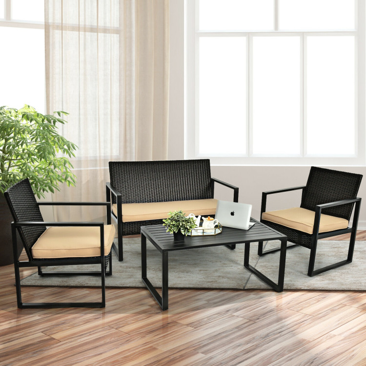 4 Pieces Patio Rattan Furniture Set with Seat Cushions and Coffee TableCostway Gallery View 6 of 11