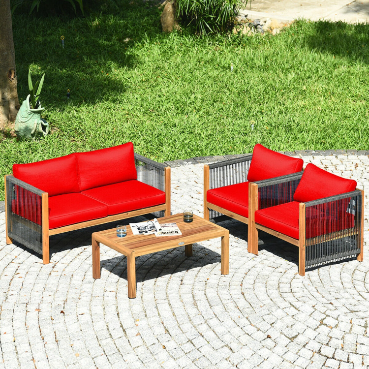 4 Pieces Acacia Wood Sofa Set with Cushions for Outdoor Patio - Costway