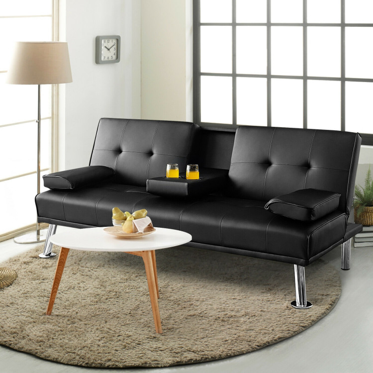 Convertible Folding Leather Futon Sofa with Cup Holders and Armrests-BlackCostway Gallery View 9 of 12