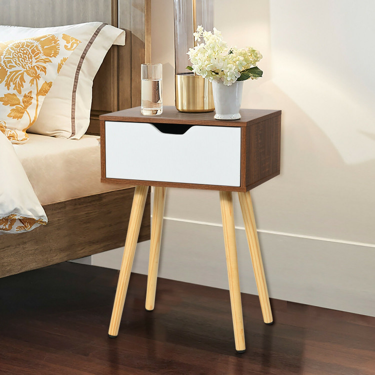 End Side Storage Drawer Nightstand with Solid Wooden LegCostway Gallery View 1 of 12