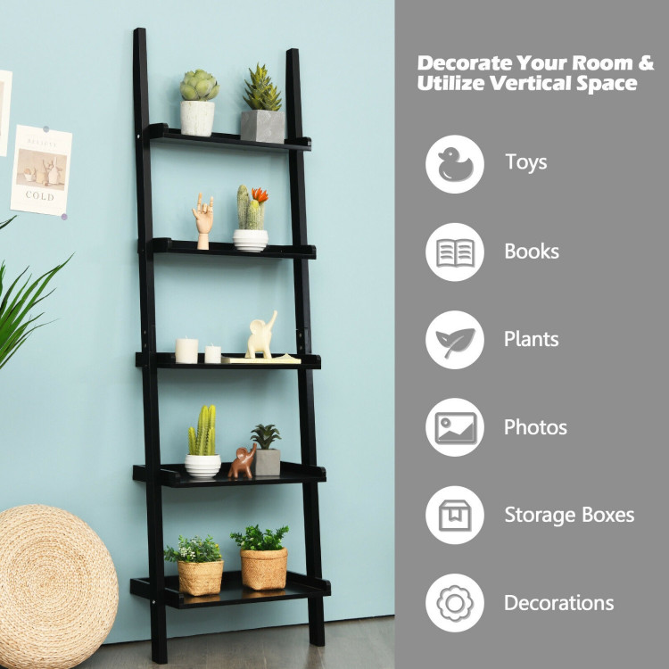  5-Tier Wall-leaning Ladder Shelf  Display Rack for Plants and Books-BlackCostway Gallery View 2 of 12