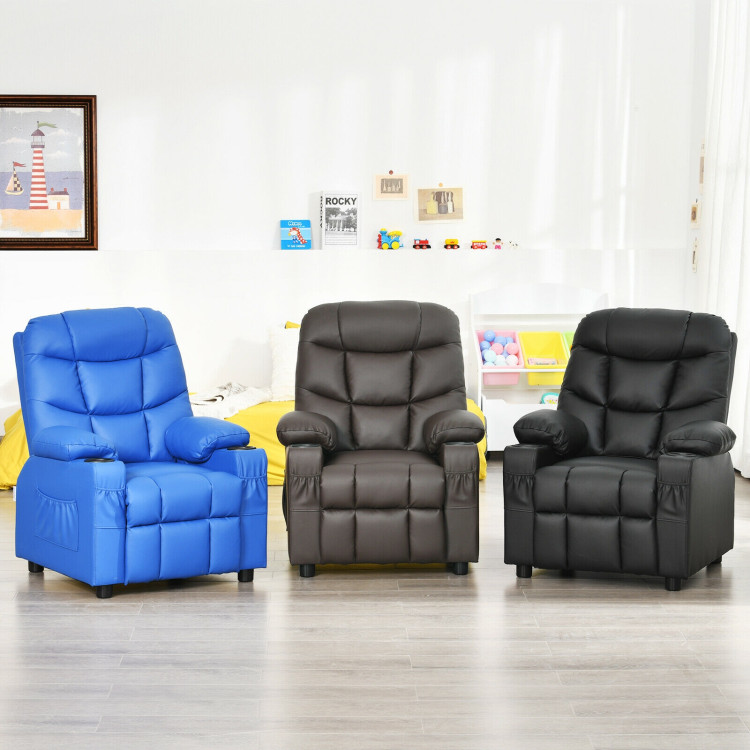 PU Leather Kids Recliner Chair with Cup Holders and Side Pockets-BlueCostway Gallery View 2 of 12