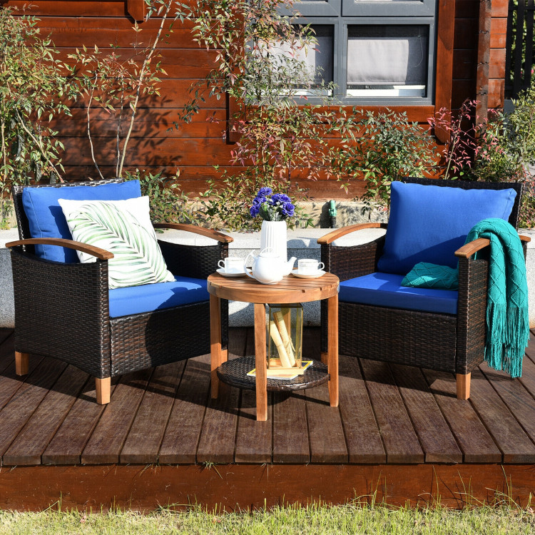 3 Pieces Patio Rattan Furniture Set with Washable Cushion and Acacia Wood Tabletop-BlueCostway Gallery View 8 of 11