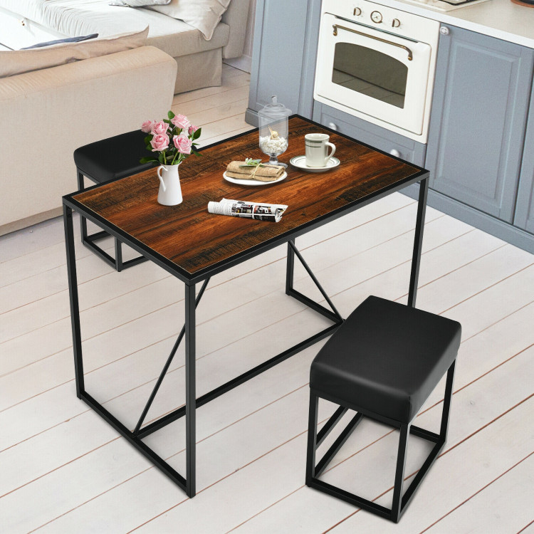 3 Pcs Dining Set Metal Frame Kitchen Table and 2 Stools-BrownCostway Gallery View 6 of 11