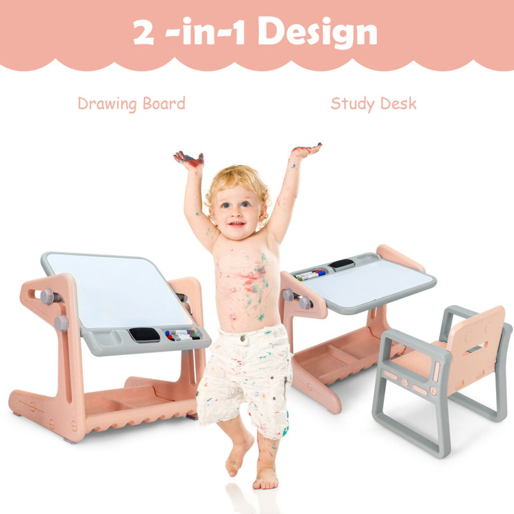 2 in 1 Kids Easel Table and Chair Set  with Adjustable Art Painting Board-PinkCostway Gallery View 5 of 12