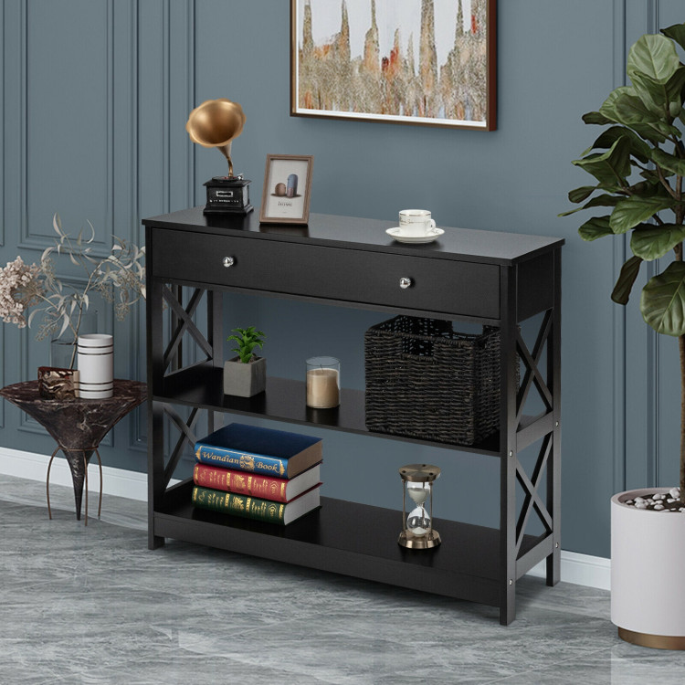 3-Tier Console Table with Drawers for Living Room Entryway-BlackCostway Gallery View 6 of 12