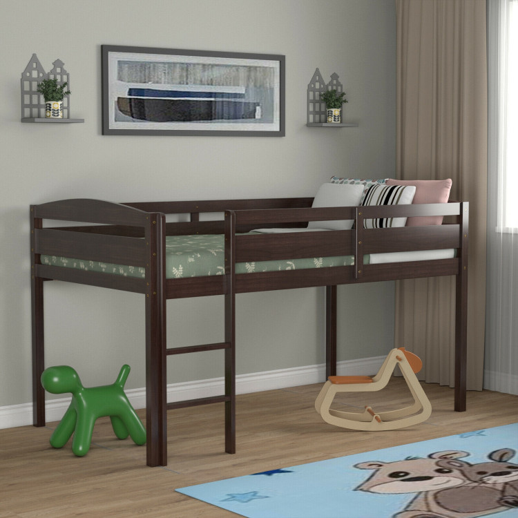 Wooden Twin Low Loft Bunk Bed with Guard Rail and Ladder-EspressoCostway Gallery View 2 of 11