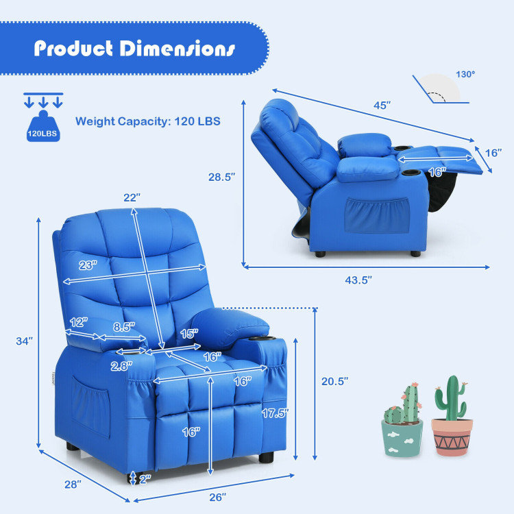 PU Leather Kids Recliner Chair with Cup Holders and Side Pockets-BlueCostway Gallery View 4 of 12