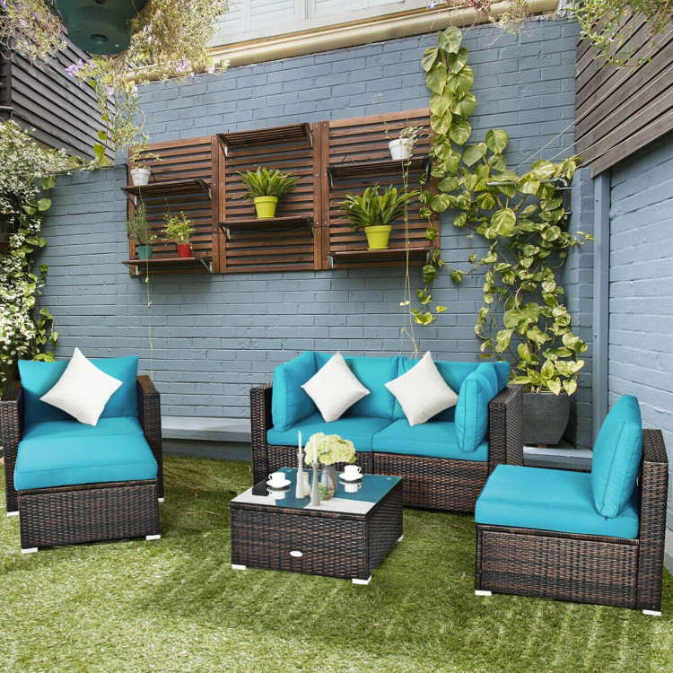 6 Pcs Patio Rattan Furniture Set with Sectional Cushion-TurquoiseCostway Gallery View 7 of 12