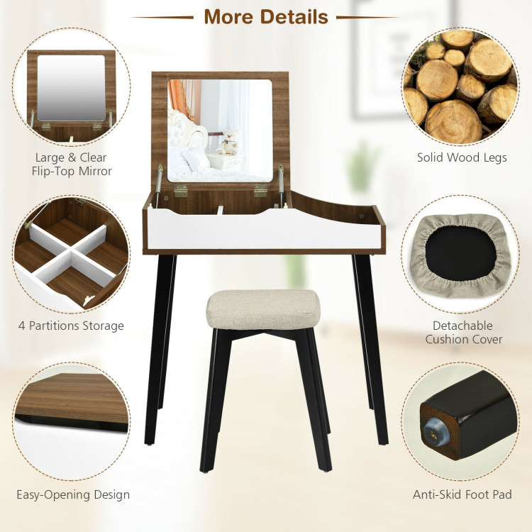 Vanity Table Set with Flip Top Mirror and Padded Stool-BrownCostway Gallery View 11 of 12