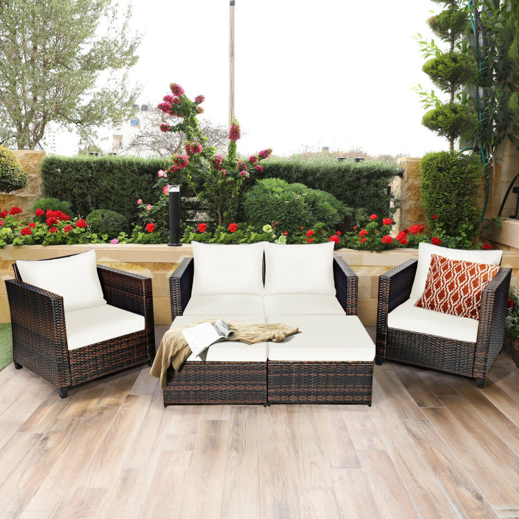 5 Pieces Patio Cushioned Rattan Furniture Set-WhiteCostway Gallery View 6 of 12