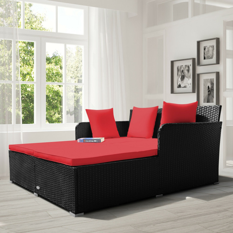 Outdoor Patio Rattan Daybed Thick Pillows Cushioned Sofa Furniture-RedCostway Gallery View 6 of 12