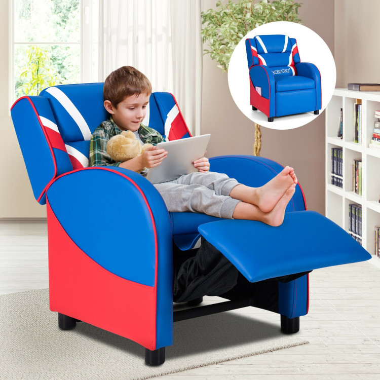 Kids Leather Recliner Chair with Side Pockets-BlueCostway Gallery View 12 of 12