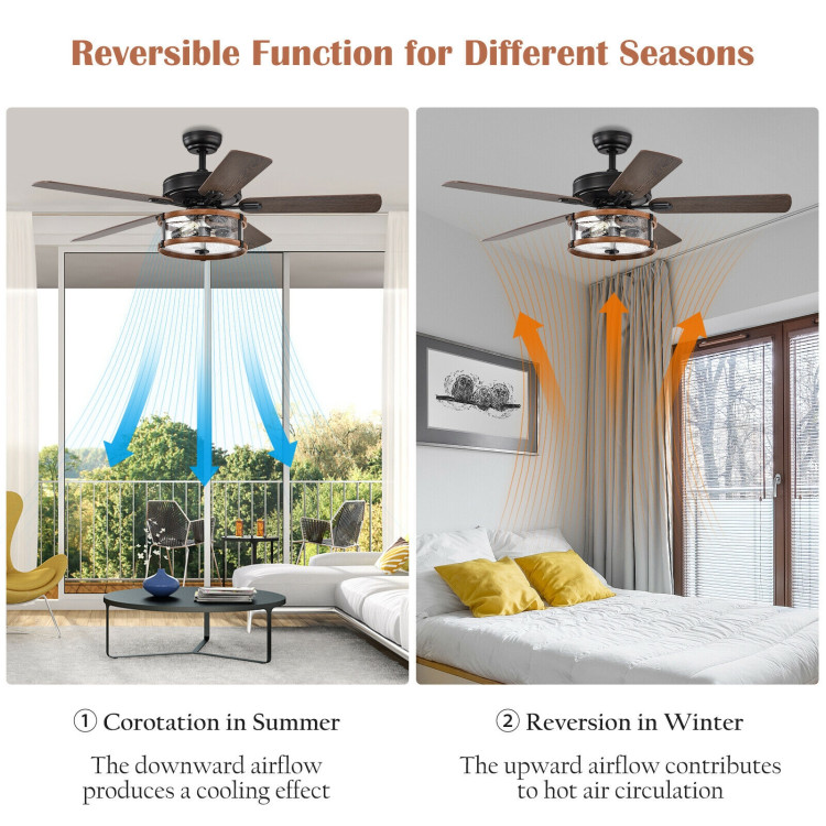 52" Retro Ceiling Fan Lamp with Glass Shade Reversible Blade Remote ControlCostway Gallery View 2 of 12