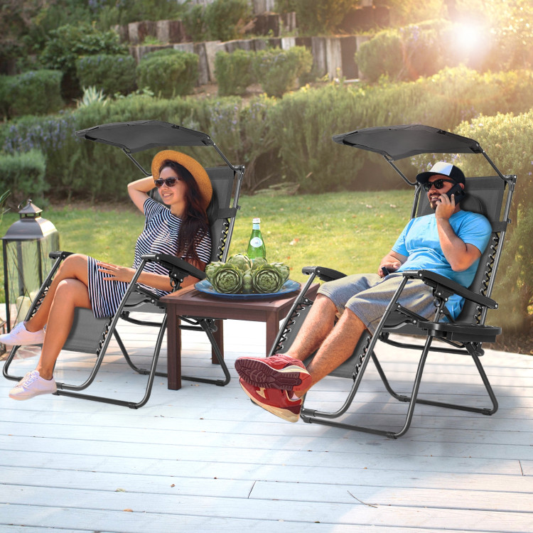 Folding Recliner Lounge Chair with Shade Canopy Cup Holder-BlackCostway Gallery View 2 of 10
