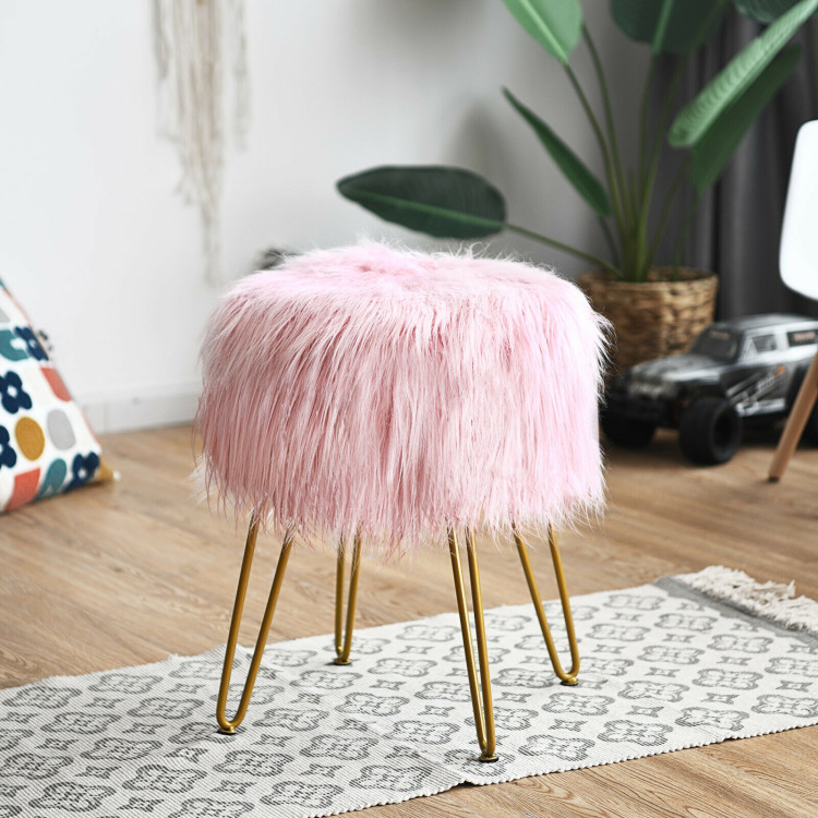 Faux Fur Vanity Stool Chair with Metal Legs for Bedroom and Living Room-PinkCostway Gallery View 2 of 11
