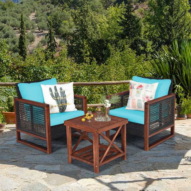 3 Pieces Patio Wicker Furniture Set with Washable Cushion and Acacia Wood Coffee Table-TurquoiseCostway Gallery View 2 of 12