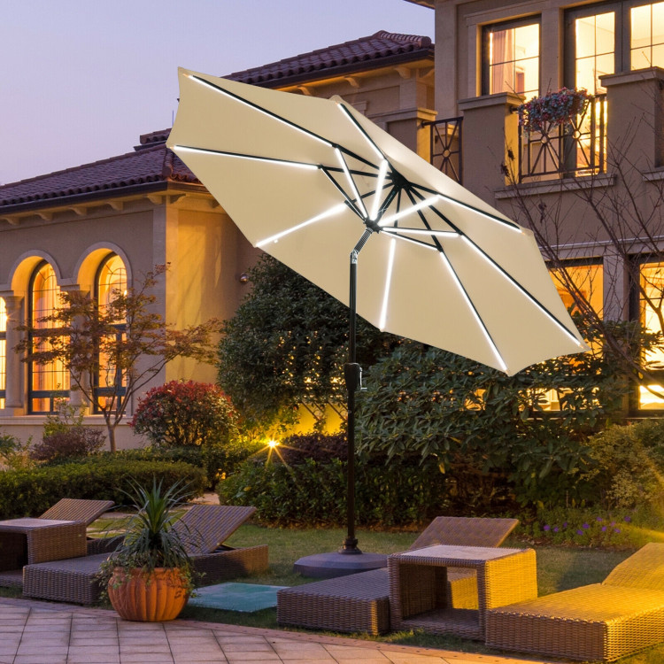 9Ft Solar LED Market Umbrella with Aluminum Crank Tilt 16 Strip Lights-BeigeCostway Gallery View 2 of 12
